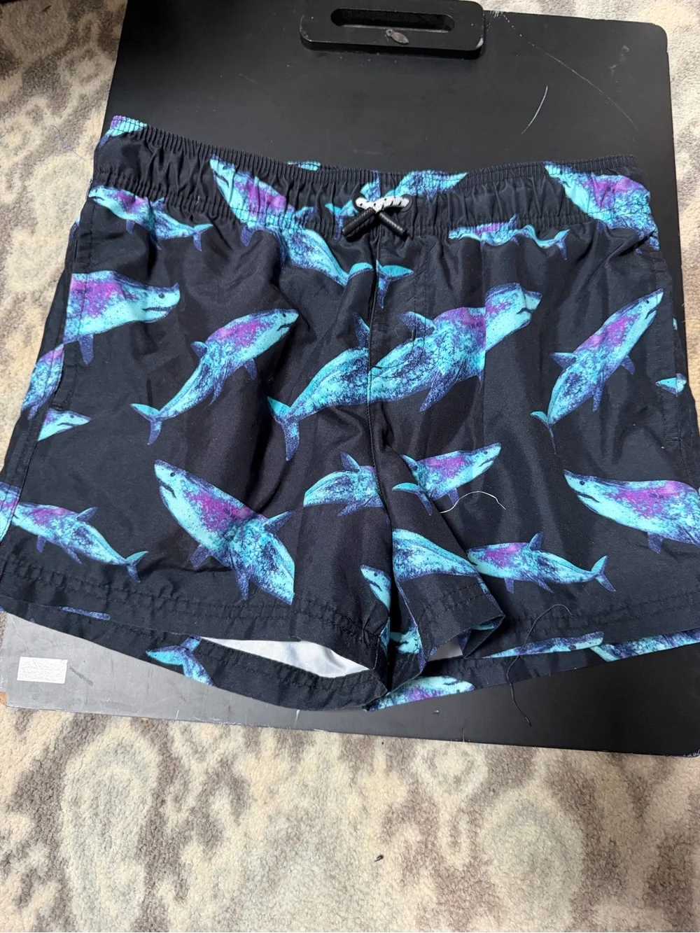 Art  Class Black Swim Trunks with Blue & Purple Shark Graphics
